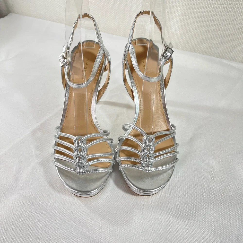 Via Spiga Womens Malka High Heel Ankle Strap Sandal Metallic Silver Size…